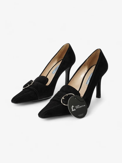 Prada Buckled Square Point Pump 80 Black Suede EU 38.5 UK 5.5