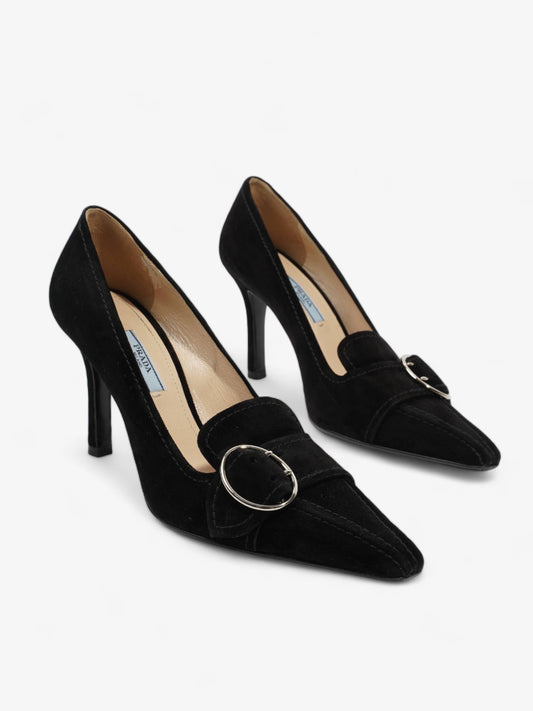 Prada Buckled Square Point Pump 80 Black Suede EU 38.5 UK 5.5