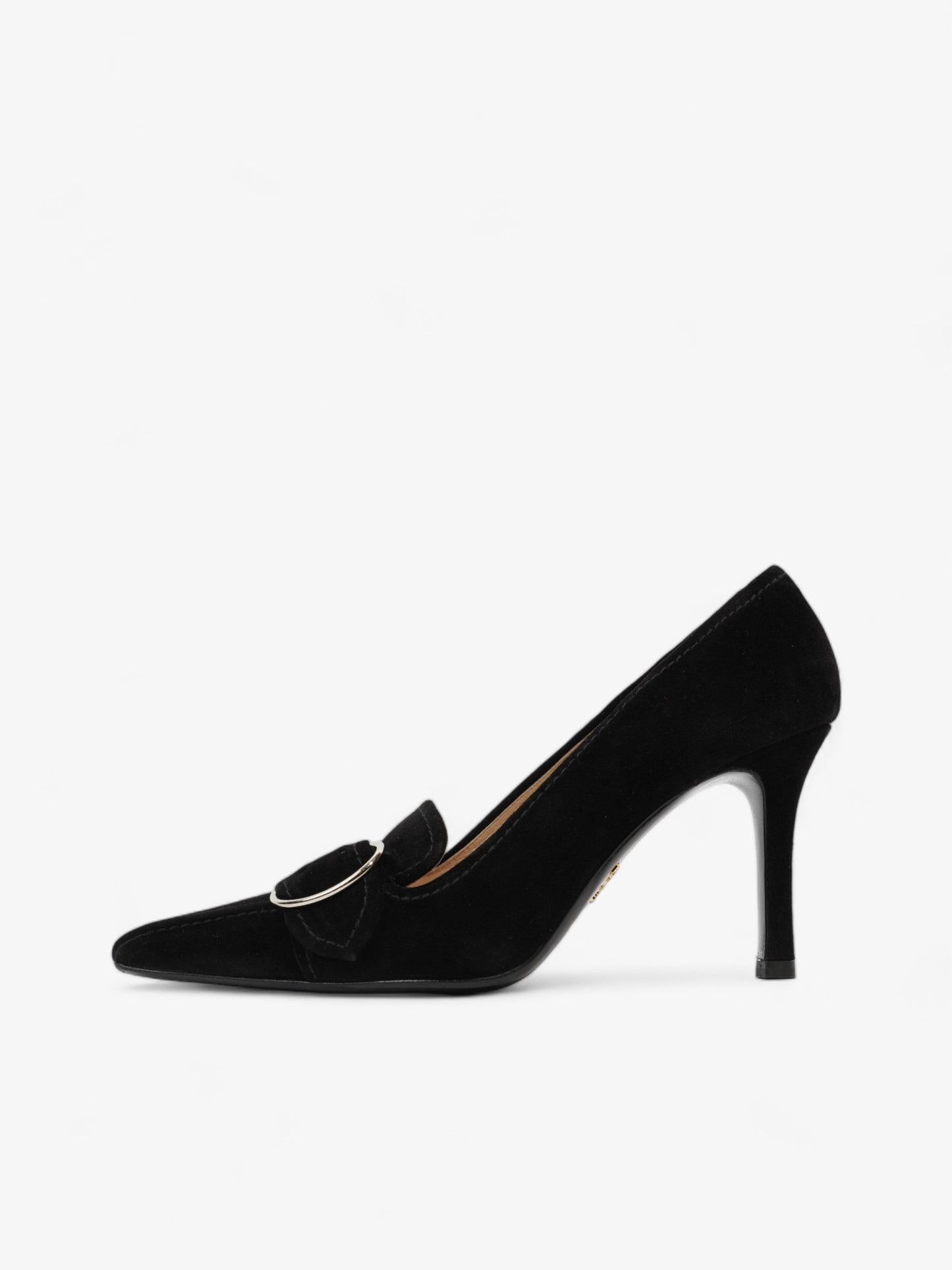 Prada Buckled Square Point Pump 80 Black Suede EU 38.5 UK 5.5