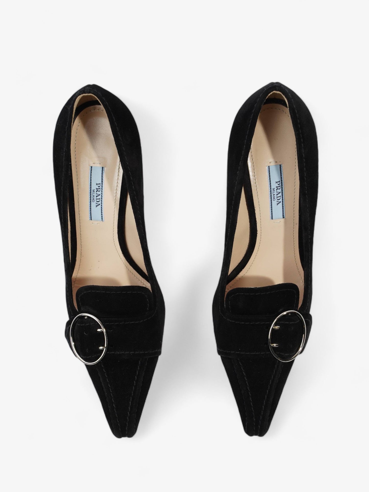 Prada Buckled Square Point Pump 80 Black Suede EU 38.5 UK 5.5