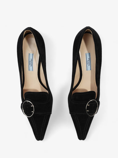 Prada Buckled Square Point Pump 80 Black Suede EU 38.5 UK 5.5
