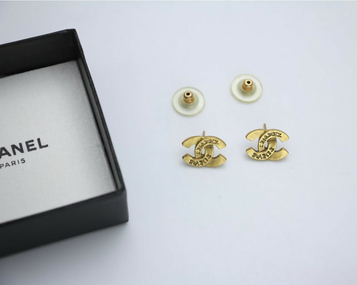 Chanel Vintage 99A Gold-Plated Cambon Collection ‘CHANEL’ Stud Earrings