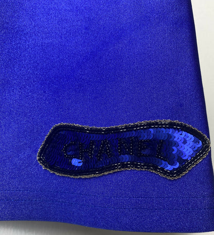 Chanel 21A Runway Royal Blue Sequin Logo Cropped Top Blouse FR 38