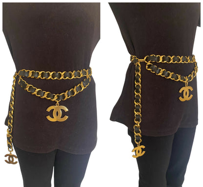 Iconic Vintage Chanel 93P Jumbo Gold Chain CC Logo Black Leather Belt Necklace