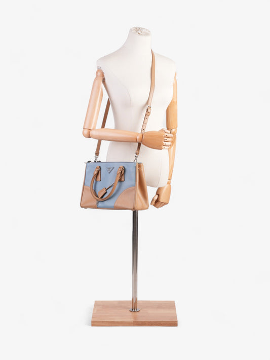 Prada Galleria Double Zip Tote Blue / Beige Saffiano Leather