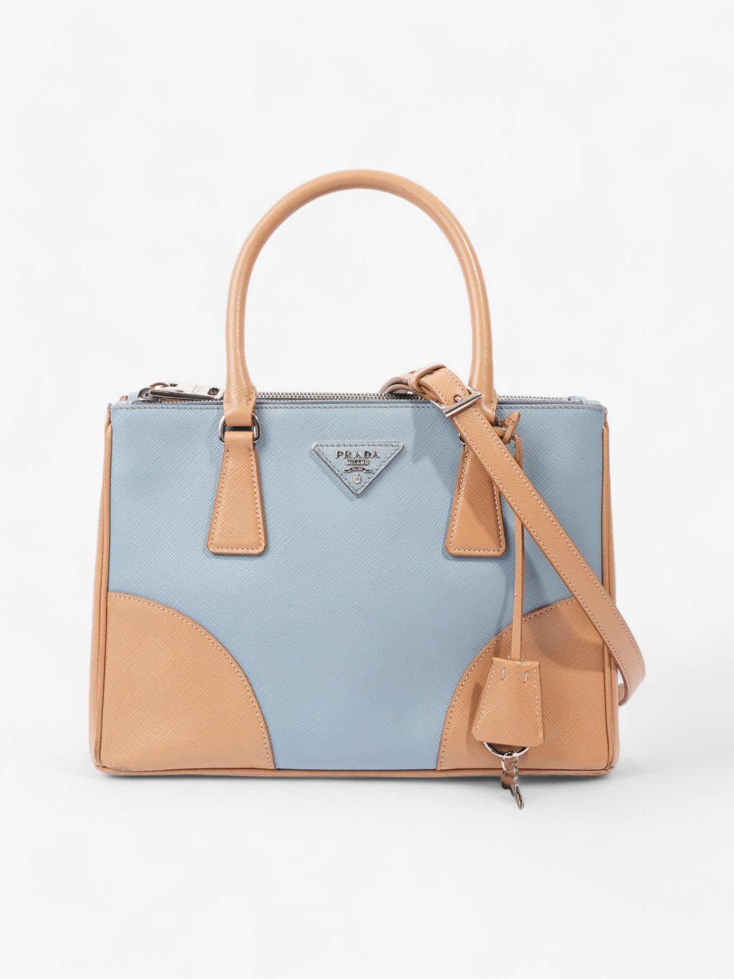 Prada Galleria Double Zip Tote Blue / Beige Saffiano Leather