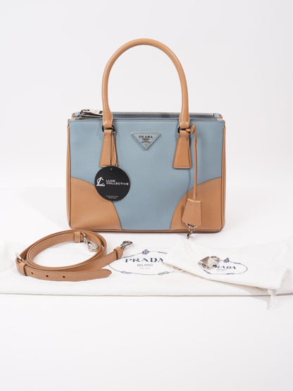 Prada Galleria Double Zip Tote Blue / Beige Saffiano Leather