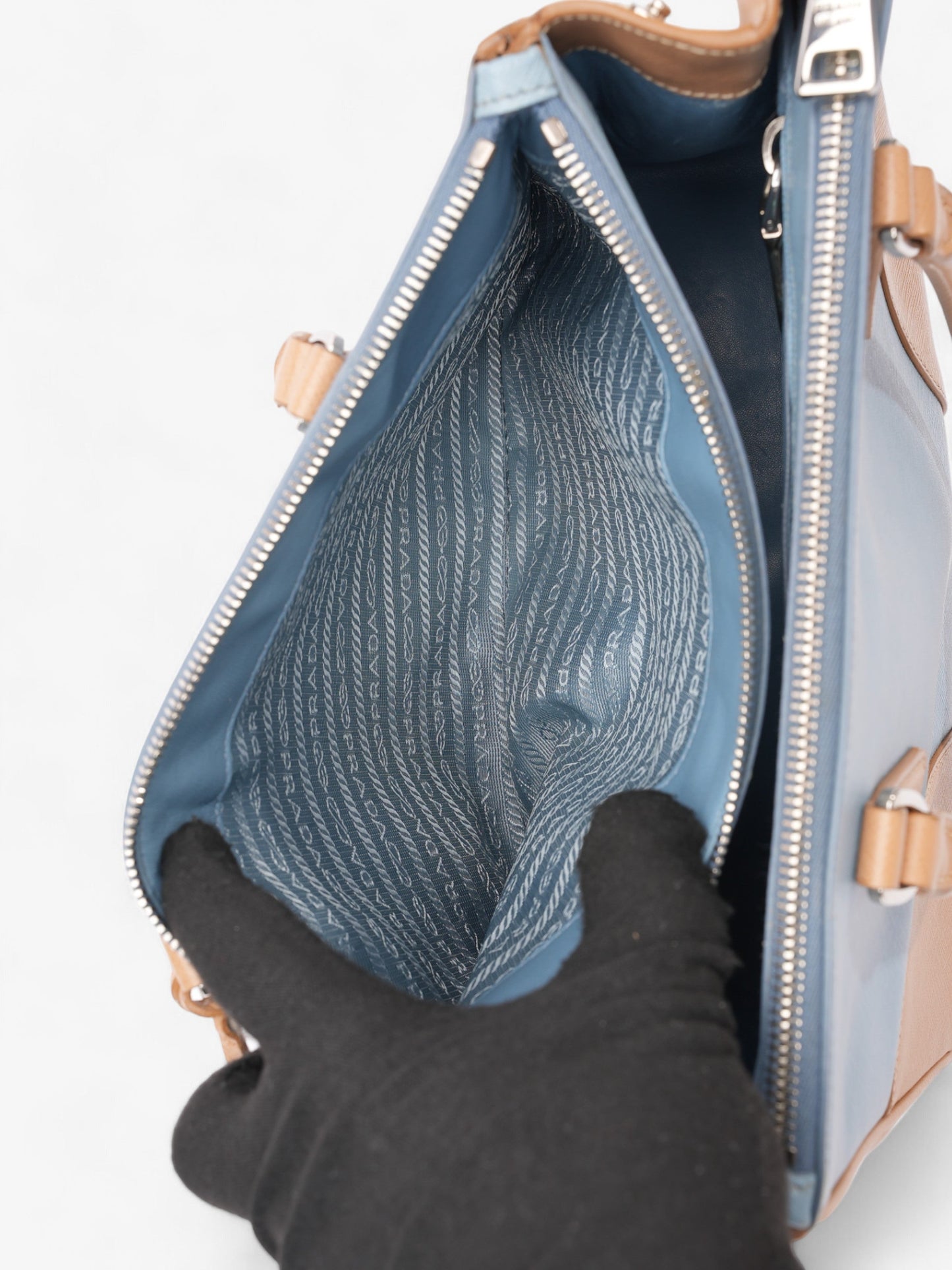 Prada Galleria Double Zip Tote Blue / Beige Saffiano Leather