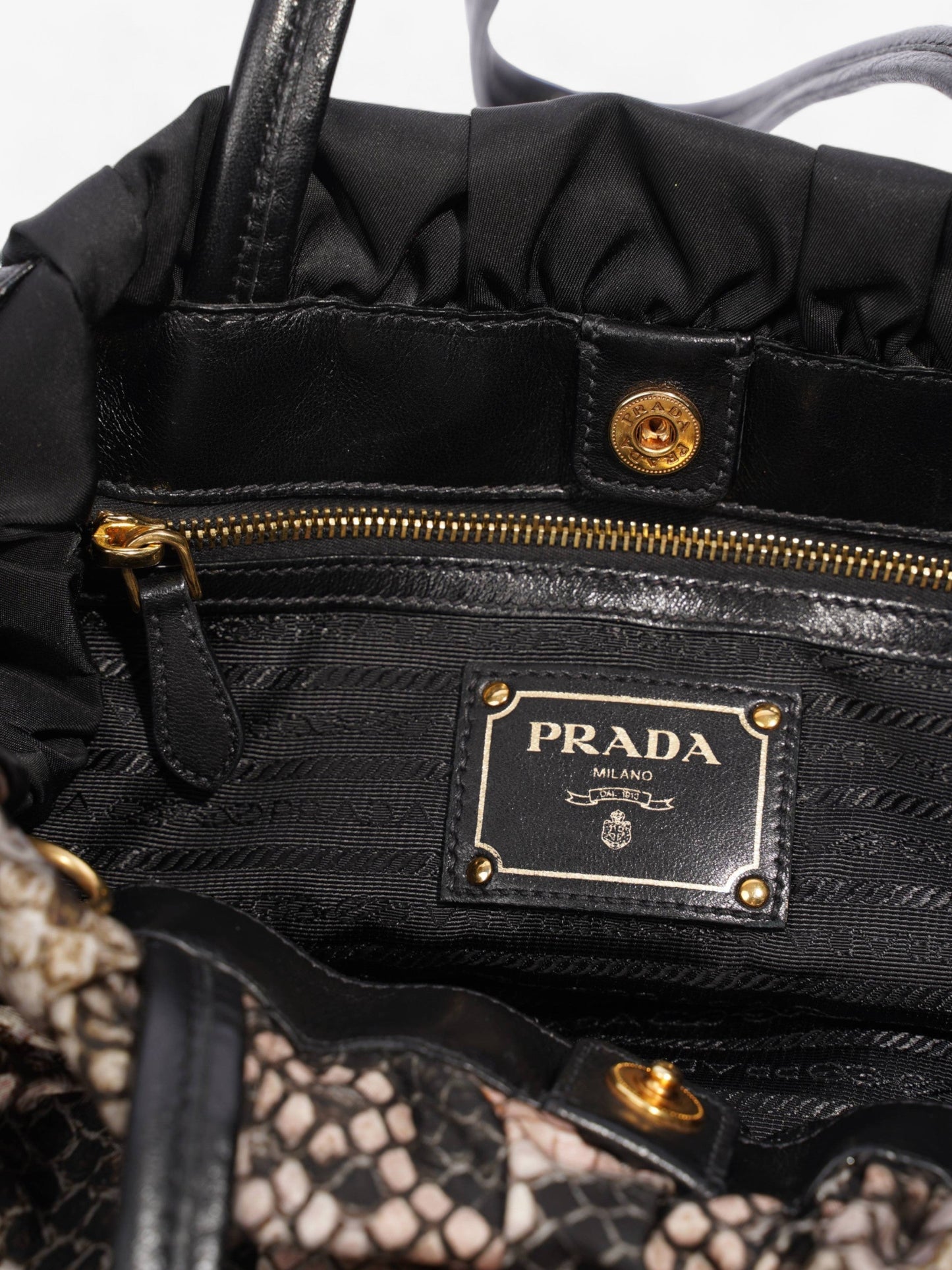 Prada Python Print Bow Detail Black / Pink / Beige Nylon