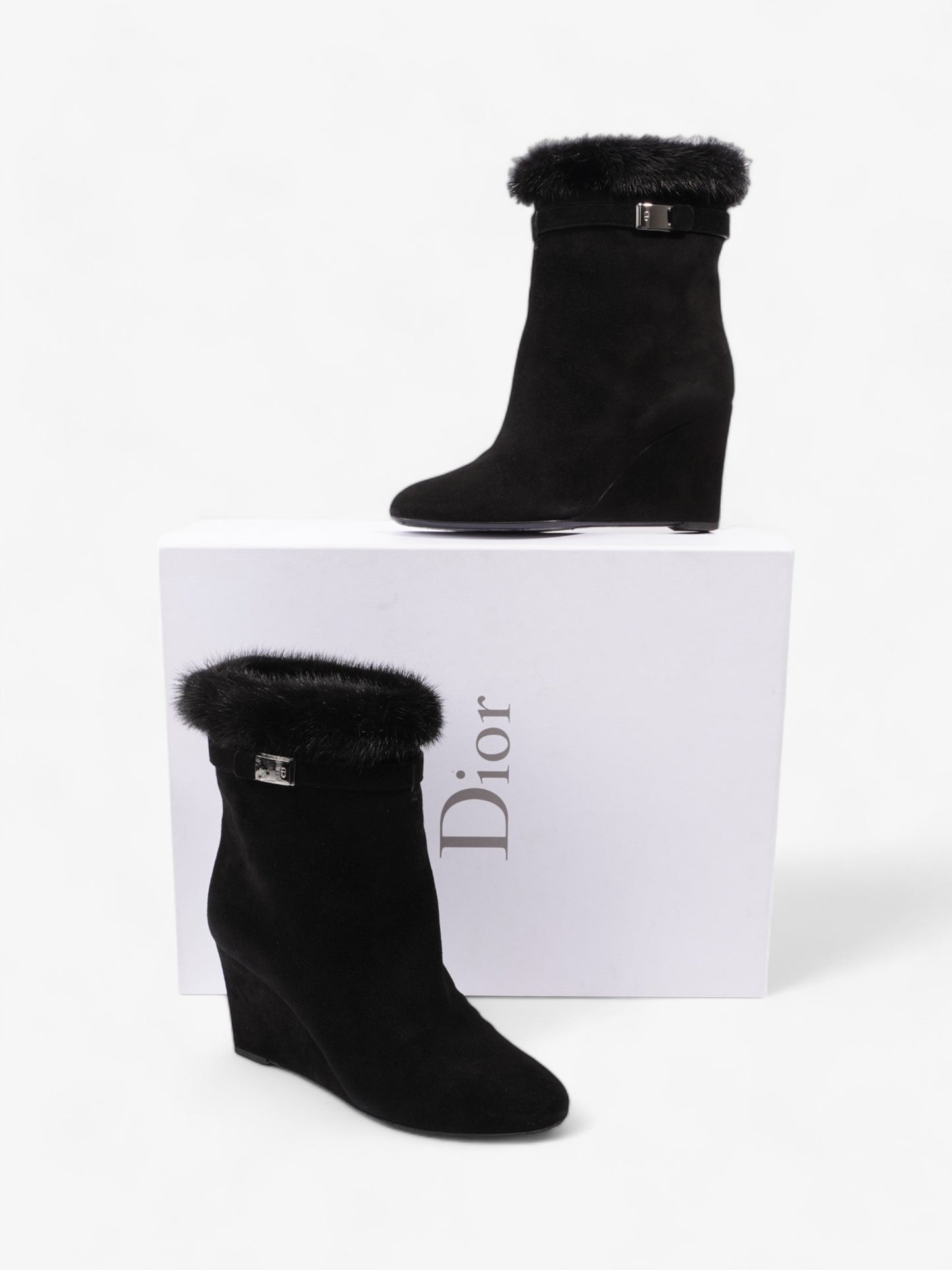 Christian Dior Fur Trim Ankle Boots 80mm Black Suede EU 37 UK 4