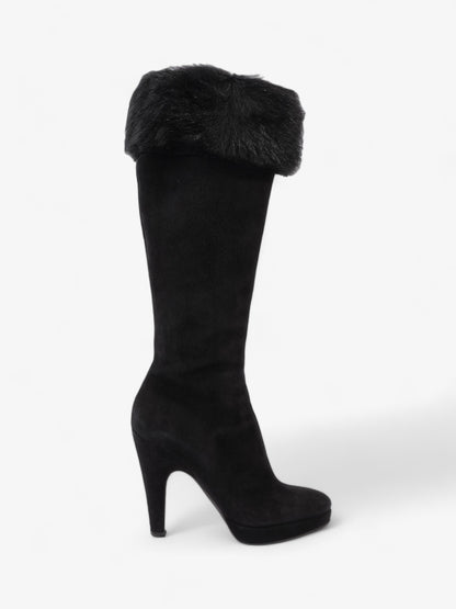 Prada Fur Trim Calf Boots 100mm Black Suede EU 37 UK 4