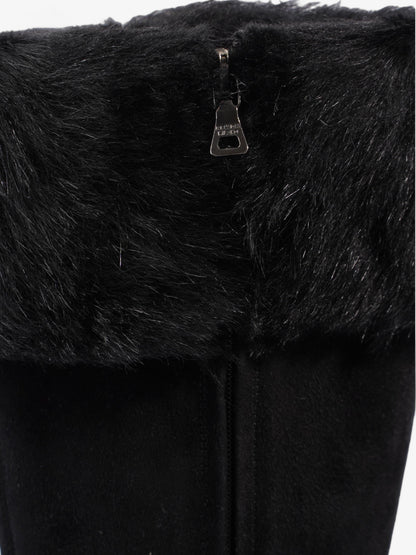 Prada Fur Trim Calf Boots 100mm Black Suede EU 37 UK 4