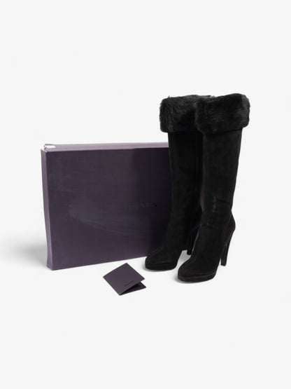 Prada Fur Trim Calf Boots 100mm Black Suede EU 37 UK 4