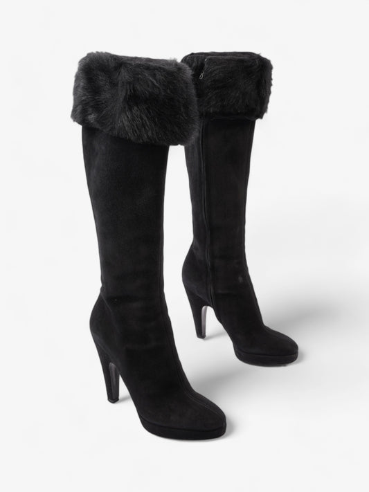 Prada Fur Trim Calf Boots 100mm Black Suede EU 37 UK 4