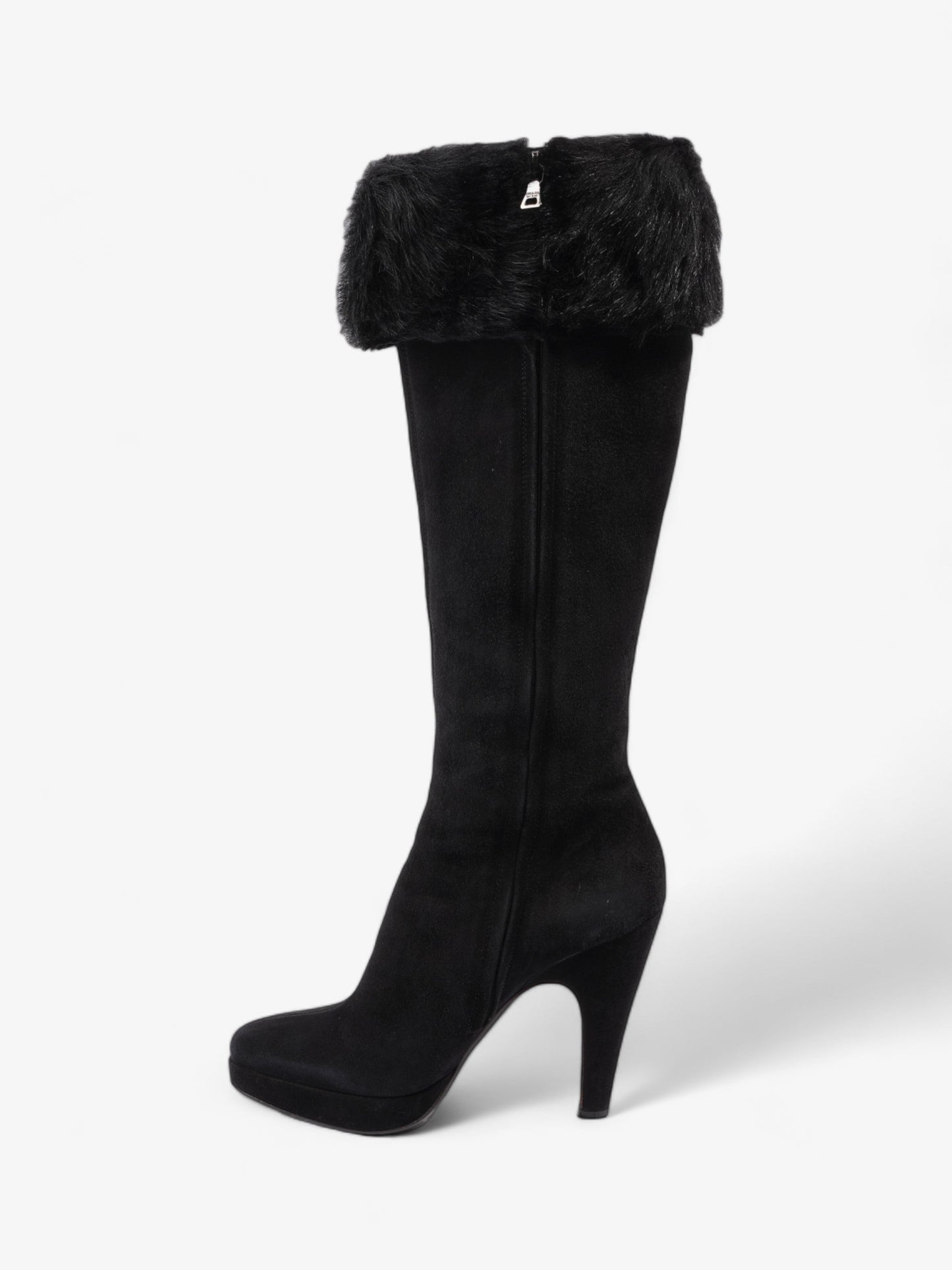 Prada Fur Trim Calf Boots 100mm Black Suede EU 37 UK 4