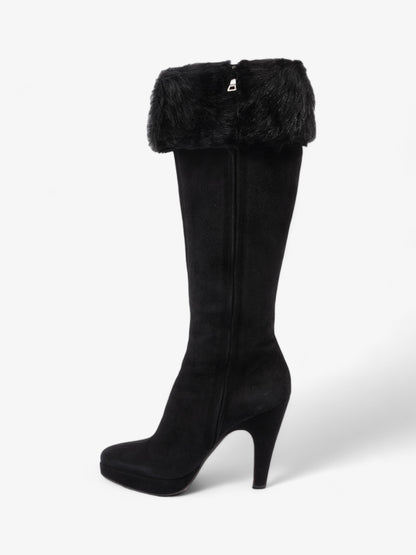 Prada Fur Trim Calf Boots 100mm Black Suede EU 37 UK 4