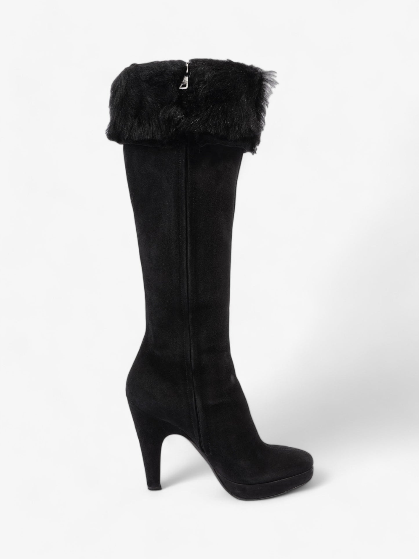 Prada Fur Trim Calf Boots 100mm Black Suede EU 37 UK 4