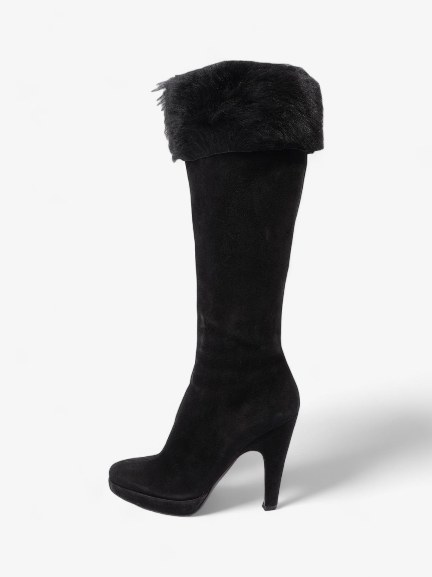 Prada Fur Trim Calf Boots 100mm Black Suede EU 37 UK 4