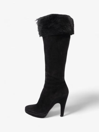 Prada Fur Trim Calf Boots 100mm Black Suede EU 37 UK 4