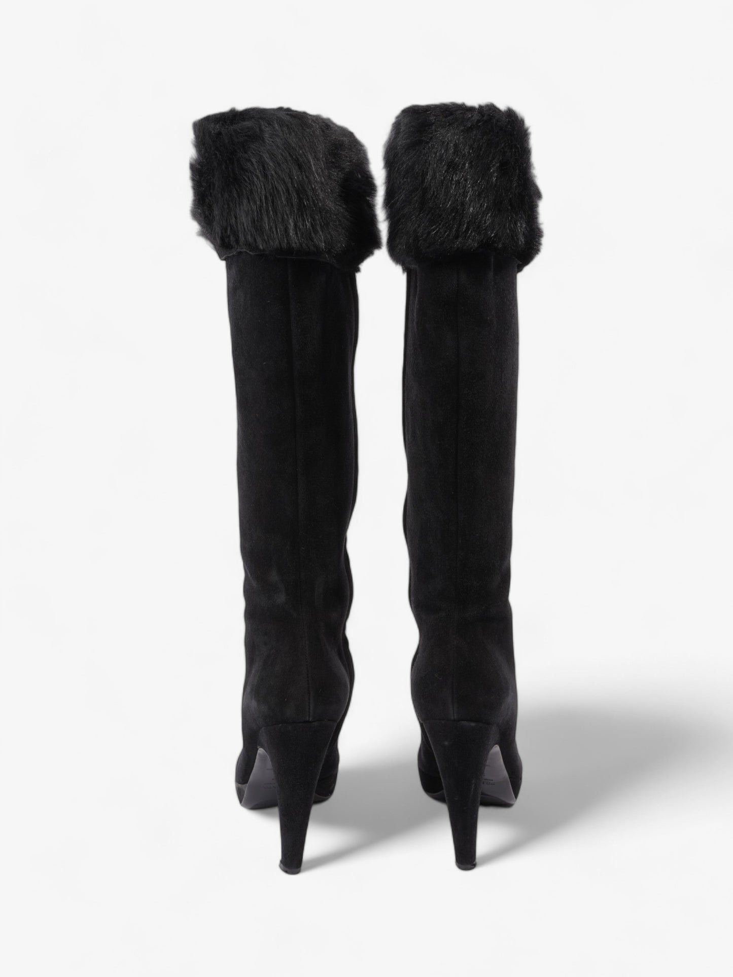 Prada Fur Trim Calf Boots 100mm Black Suede EU 37 UK 4
