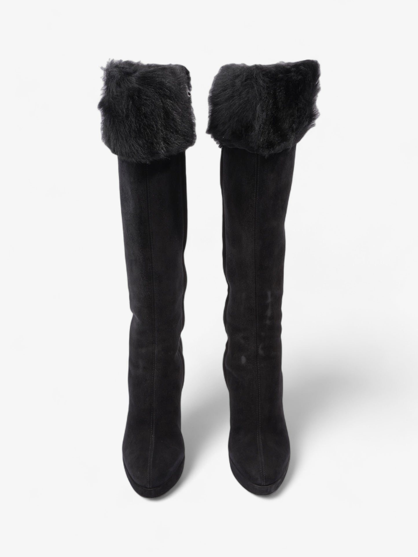 Prada Fur Trim Calf Boots 100mm Black Suede EU 37 UK 4