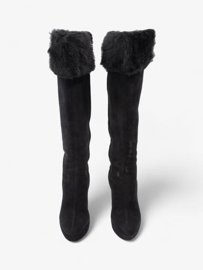 Prada Fur Trim Calf Boots 100mm Black Suede EU 37 UK 4