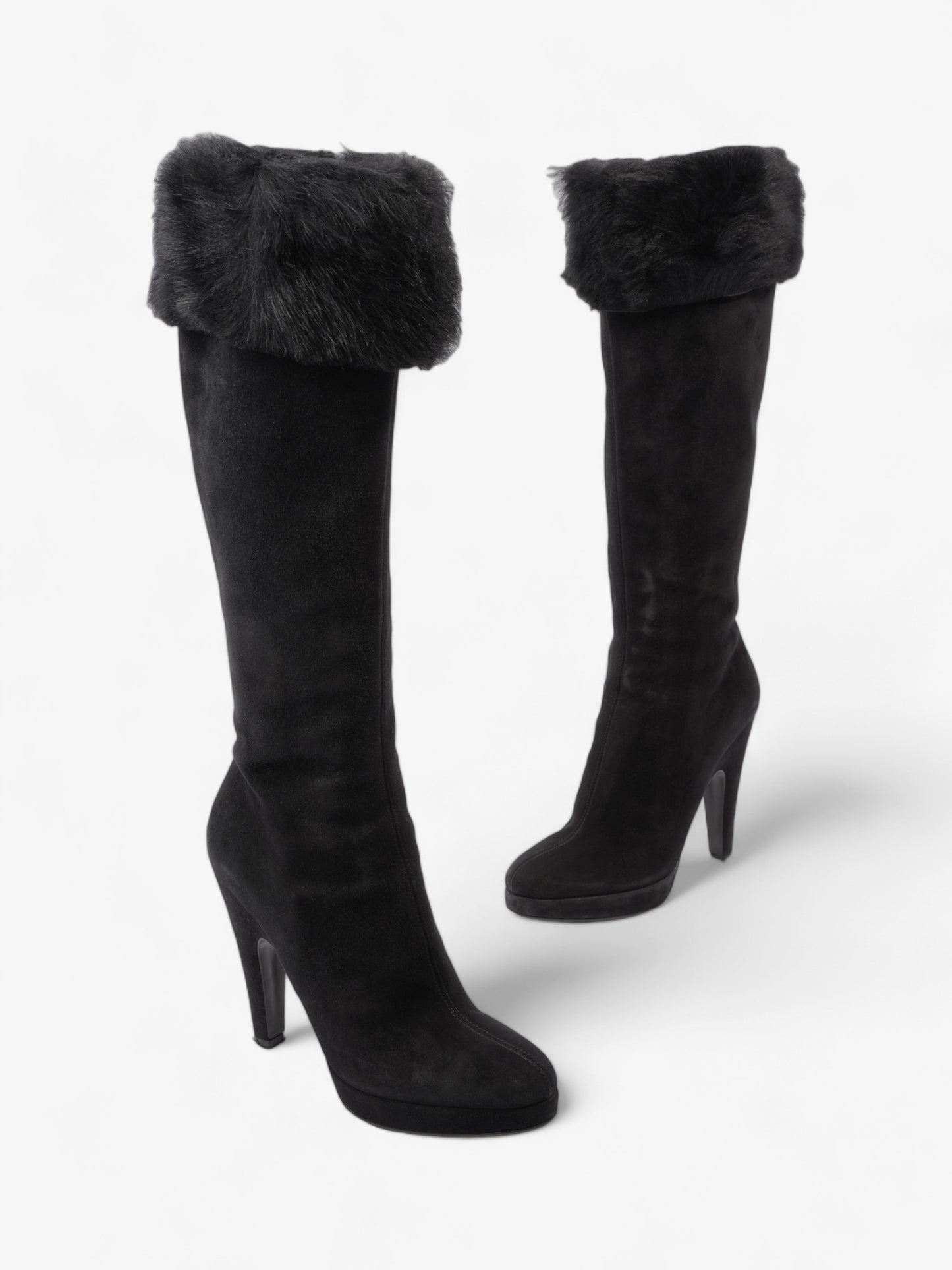 Prada Fur Trim Calf Boots 100mm Black Suede EU 37 UK 4