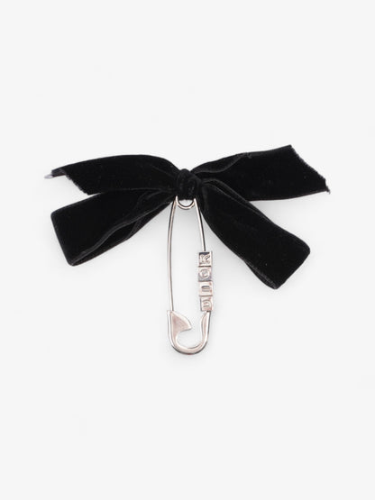 Christian Dior Logo Block Letters with Ribbon Safety Pin Brooch Black / Silver Base Metal