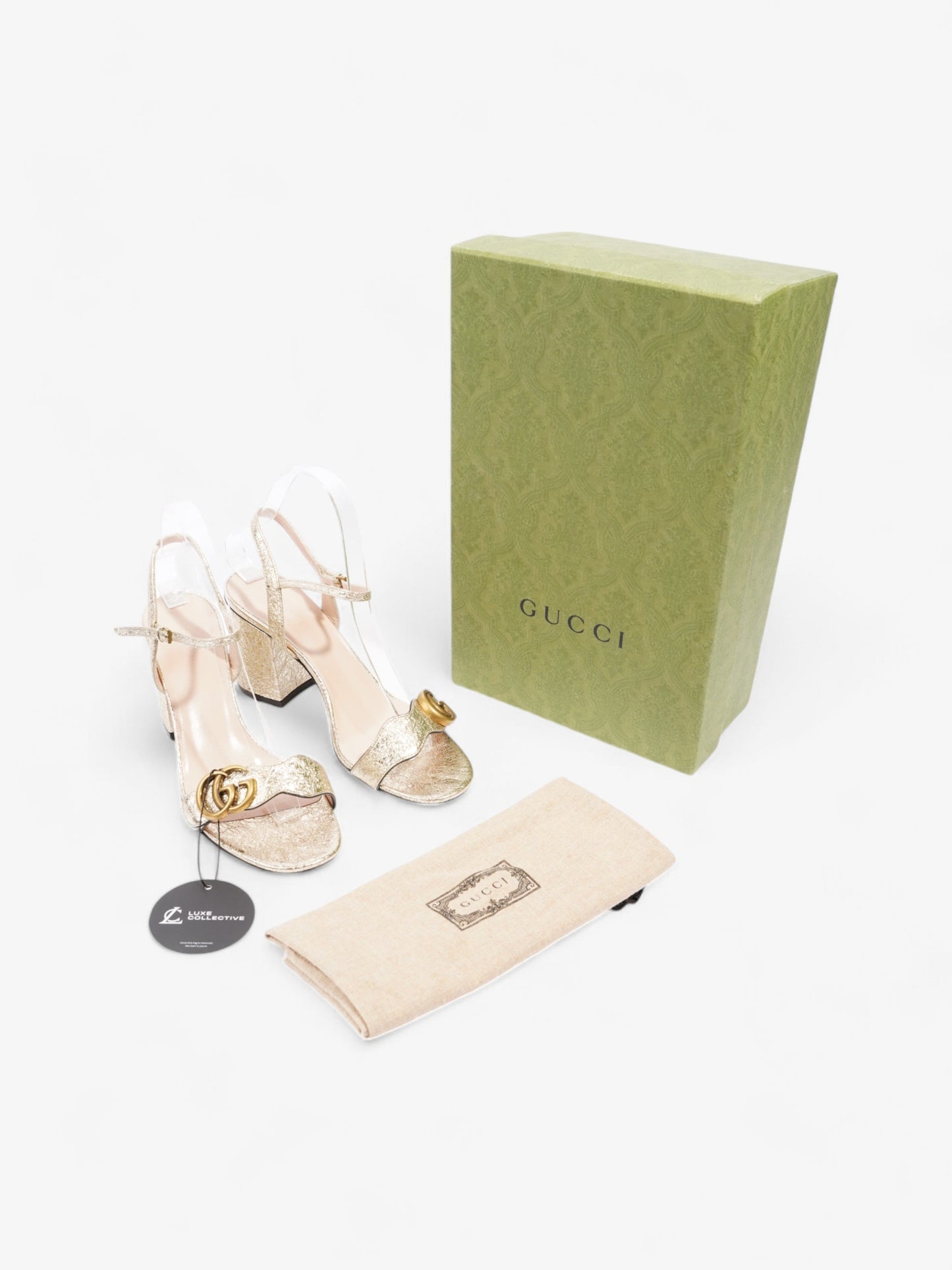 Gucci GG Marmont Ankle Strap Sandals 75mm Gold Leather EU 37.5 UK 4.5