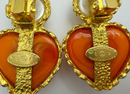 Chanel Vintage 1991 Gripoix Orange Heart Imitation Pearl Clip-on Earrings