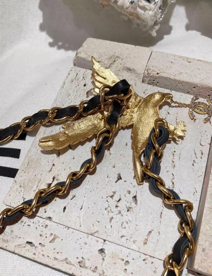 Vintage CHANEL Jeweled Eagle Chain Leather Necklace Belt