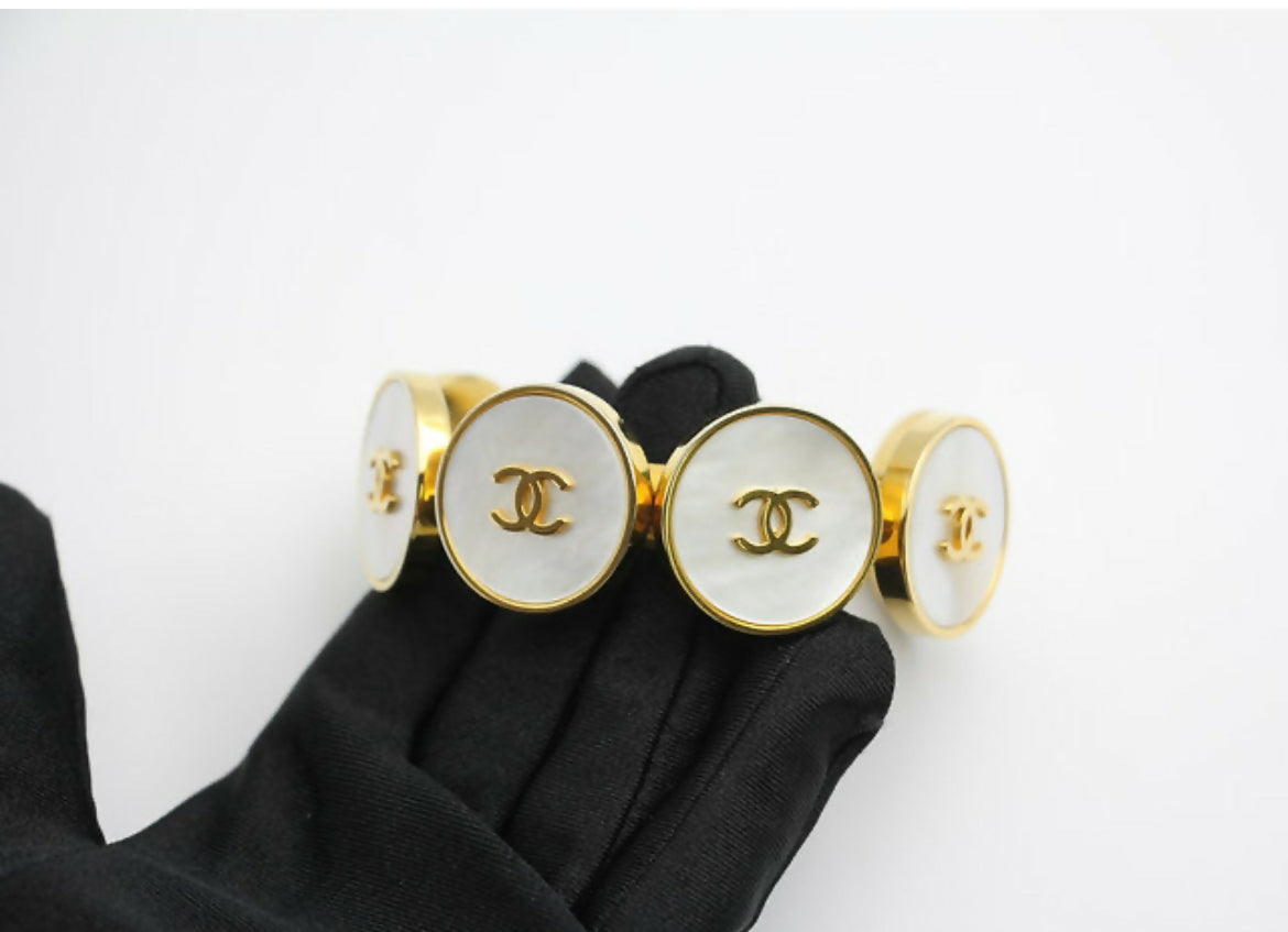 Chanel Vintage 95A Mother-of-Pearl Circle Shape Gold Plated Bracelet Cuff
