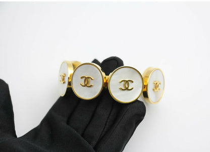 Chanel Vintage 95A Mother-of-Pearl Circle Shape Gold Plated Bracelet Cuff