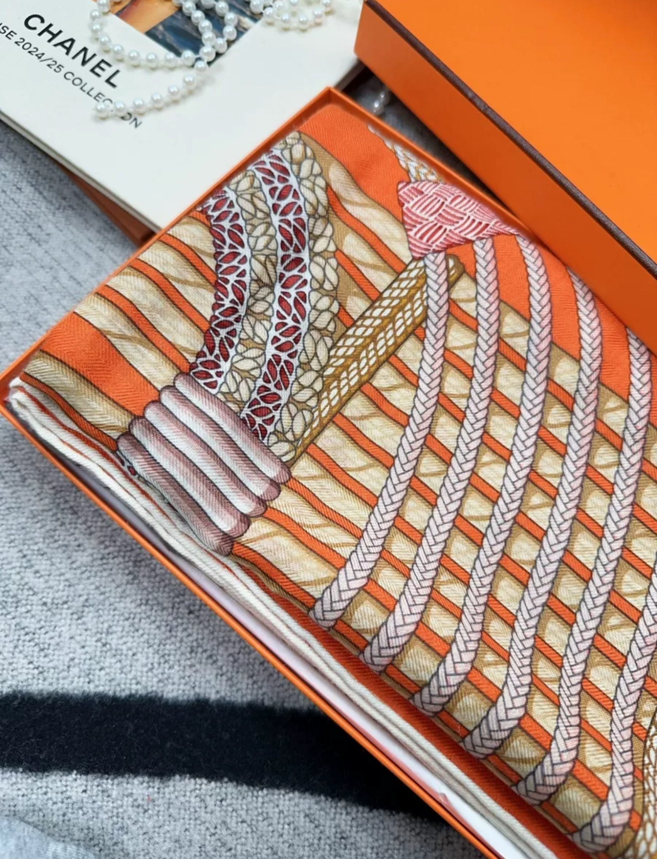 Hermes Scarf Cashmere 140 “Dressage Tressage” Orange/White/Beige
