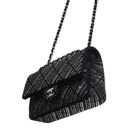 CHANEL 22A tweed, diamantés & silver metal black classic handbag