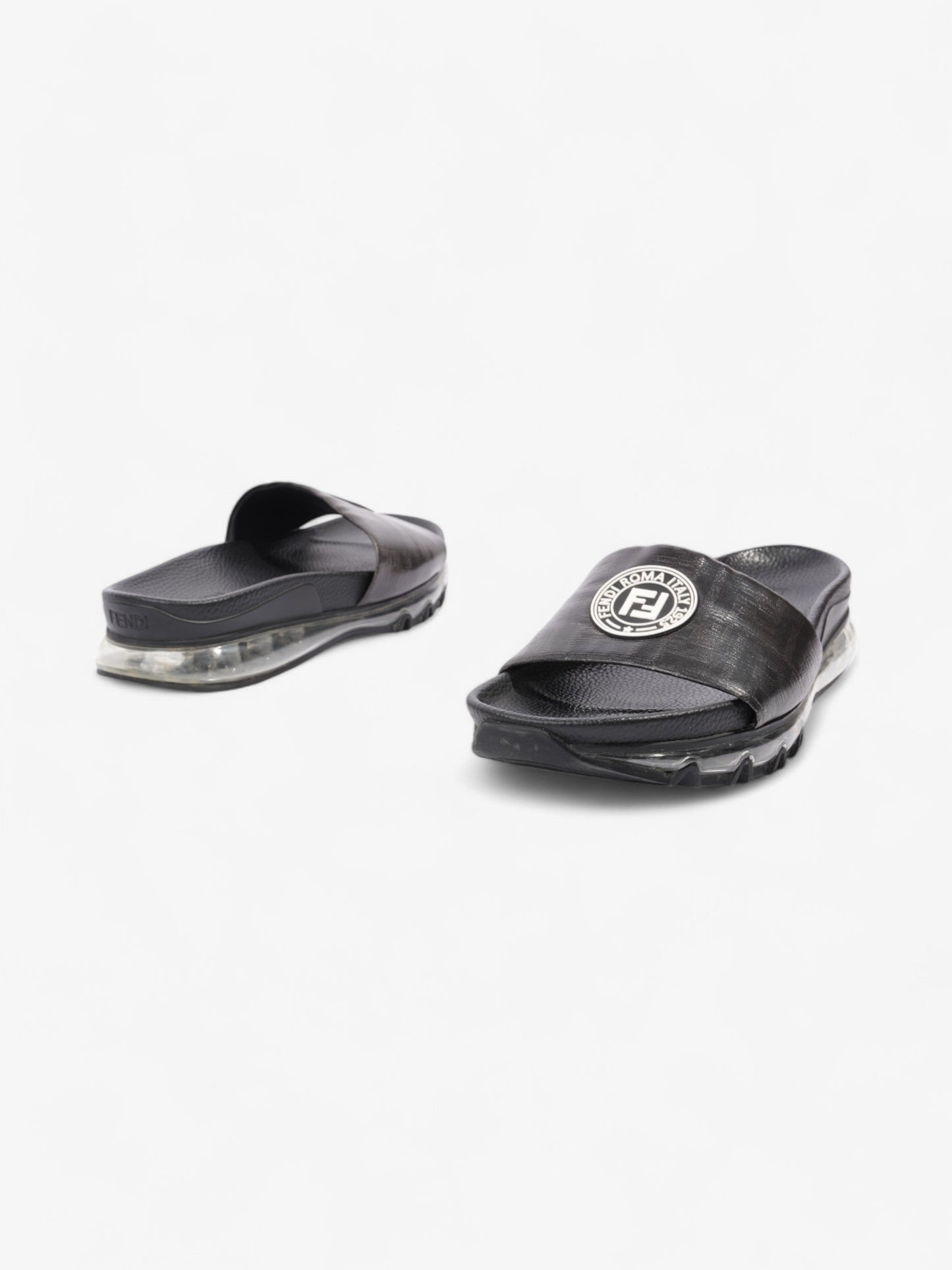 Fendi Roma Logo Clear Sole Slides Black Rubber EU 43 UK 9