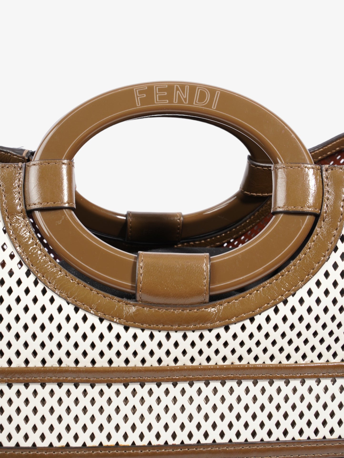Fendi Perforated Runaway Shopper Tote White / Brown Leather Large