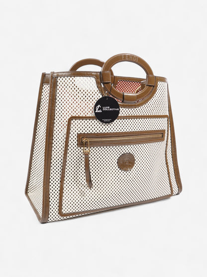 Fendi Perforated Runaway Shopper Tote White / Brown Leather Large