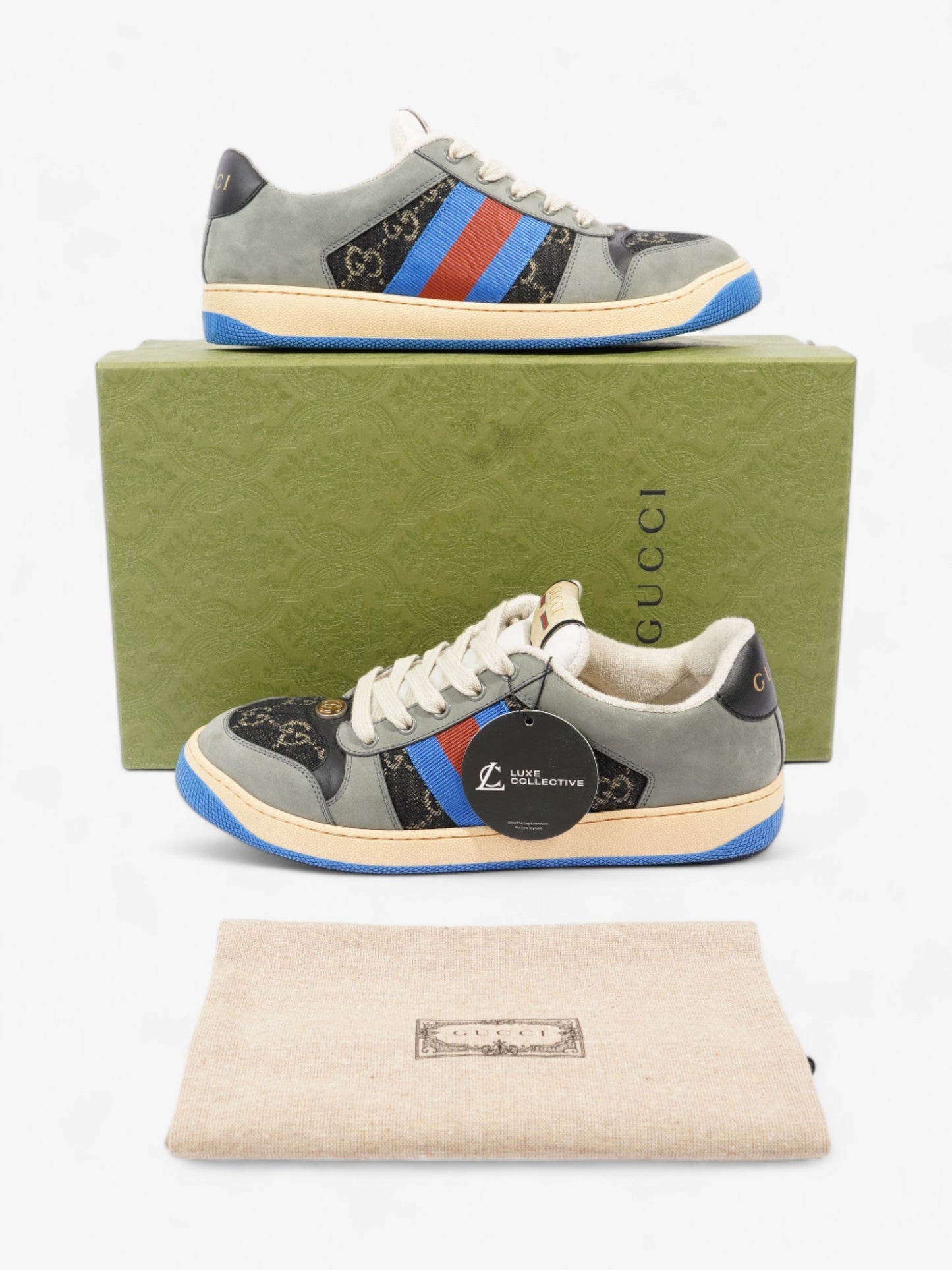 Gucci Screener Sneakers Black Monogram  / Grey / Blue Canvas EU 41 UK 7