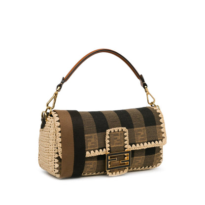 Fendi Pequin Gingham Canvas And Raffia Baguette Satchel (SHG-mQy3HF)
