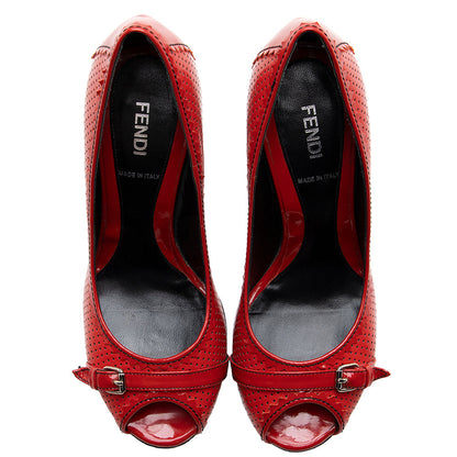 Fendi Perforated Leather Buckle Detail Peep Toe Pumps - Size 6.5 / 36.5 (SHF-18590)