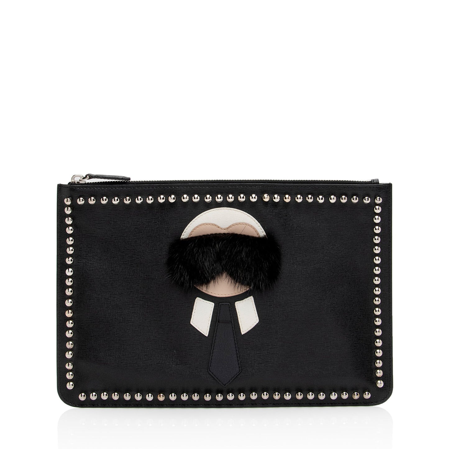Fendi Studded Leather Mink Karlito Zip Pouch