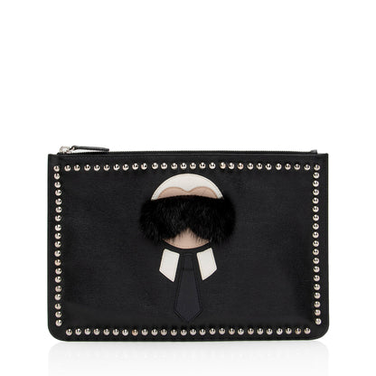Fendi Studded Leather Mink Karlito Zip Pouch