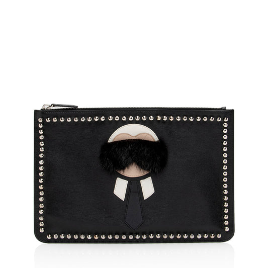 Fendi Studded Leather Mink Karlito Zip Pouch