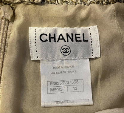 Chanel 10P Fantasy Tweed Beige Metallic Gold Jacket Skirt Suit Set FR 42/44