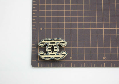 Chanel Vintage 06A Blue Rhinestone Beige Black Stripe Brooch