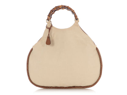 Gucci Beige Canvas Bamboo Handle Bag