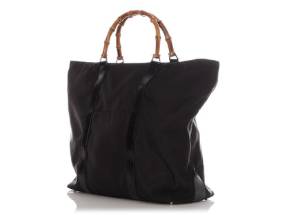 Gucci Black Leather-Trimmed Nylon Bamboo Handle Tote