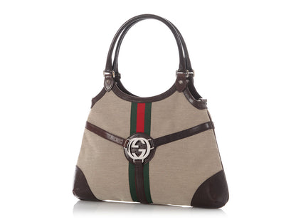 Gucci Beige and Brown Web Canvas Reins Shoulder Bag