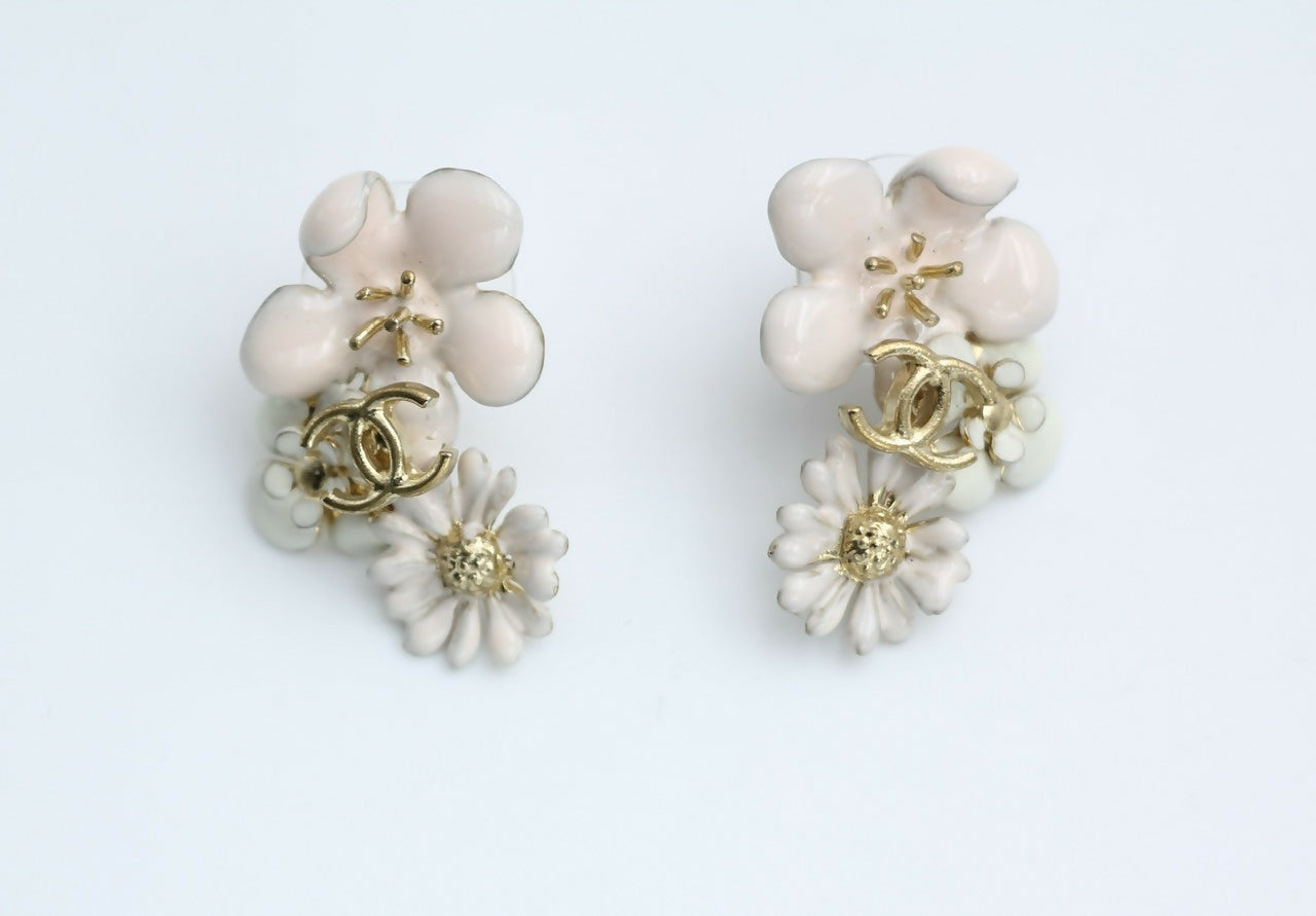 Chanel 10P Enamel Pink Camellia & Chrysanthemum Stud Earrings